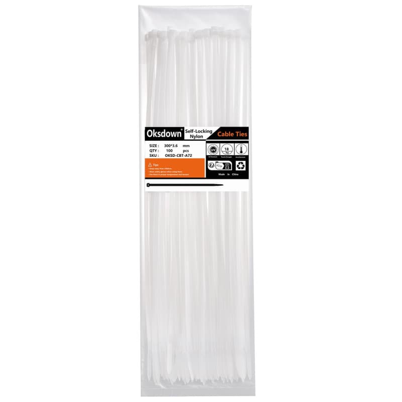 Oksdown Collier de Serrage en Nylon 300 mm × 3,6 mm Attache Câble Plastique Rilsan Serre Câbles, Blanc, Lot de 100 Pièces