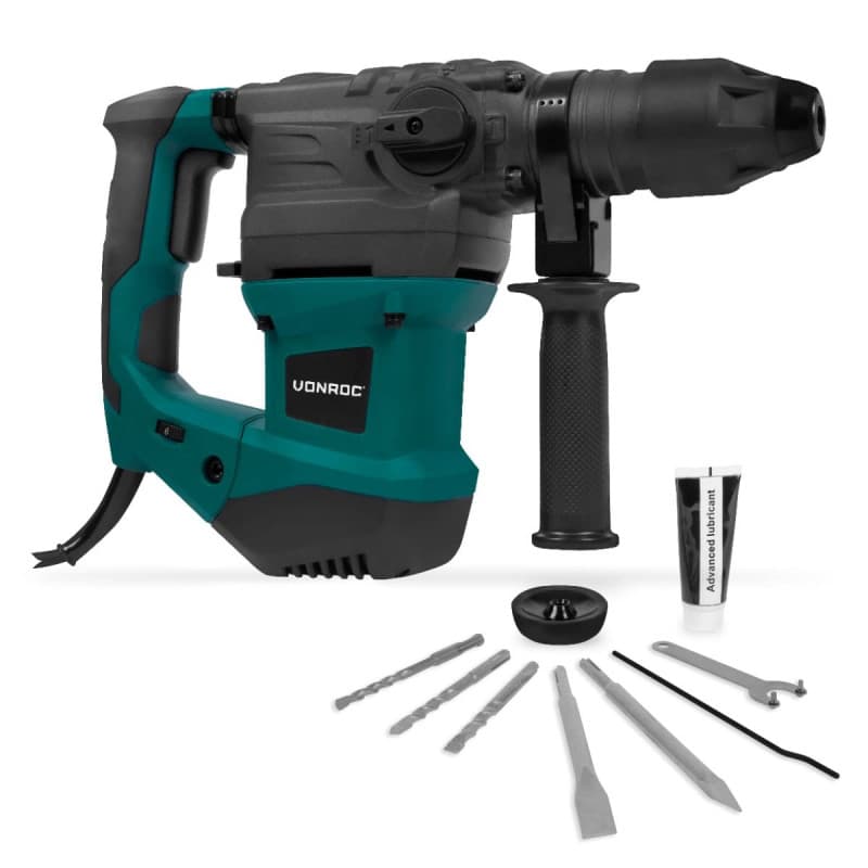 VONROC Marteau Perforateur 1800W - 6 Joules, SDS Plus, 4 Fonctions - Forets et Burins Inclus - Butée de Profondeur, Poignée Laté