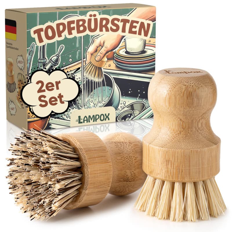 lampox Lot de 2 brosses à récurer en bambou - Brosse à récurer idéale pour la vaisselle, les casseroles, les poêles et les évier