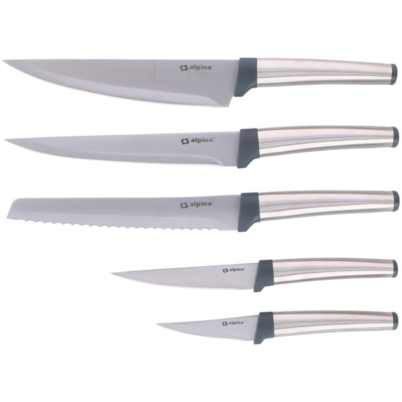 alpina Set de Couteaux 5 Pièces : Comprenant un Couteau à Pain et un Couteau de Chef - Inox/Polypropylène