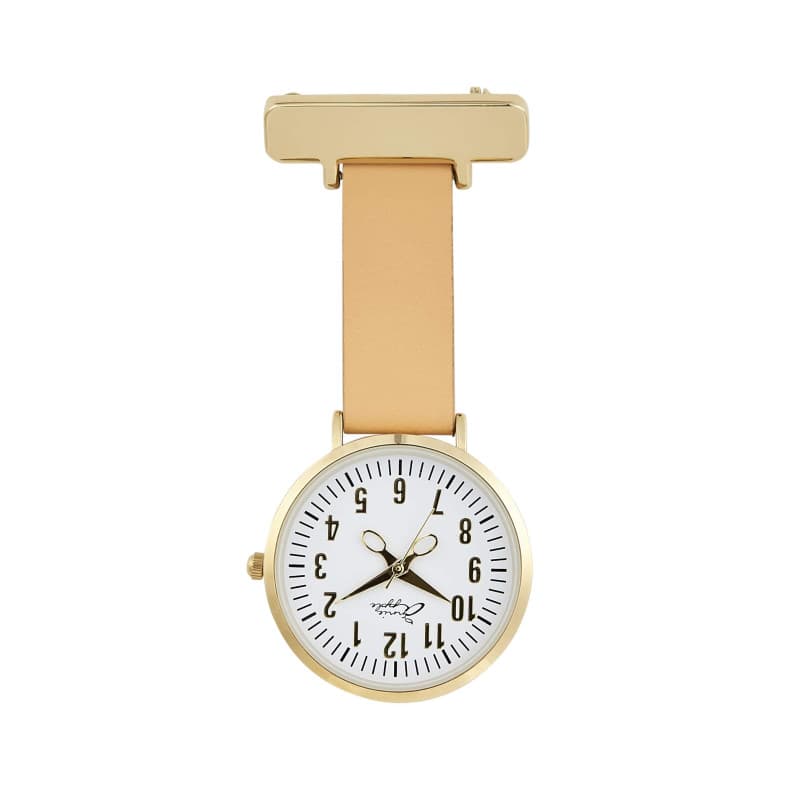 Annie Apple AA37 Montre gousset avec bracelet en cuir brun clair, cadran blanc et aiguilles, aiguilles ciseaux, infirmière, esth