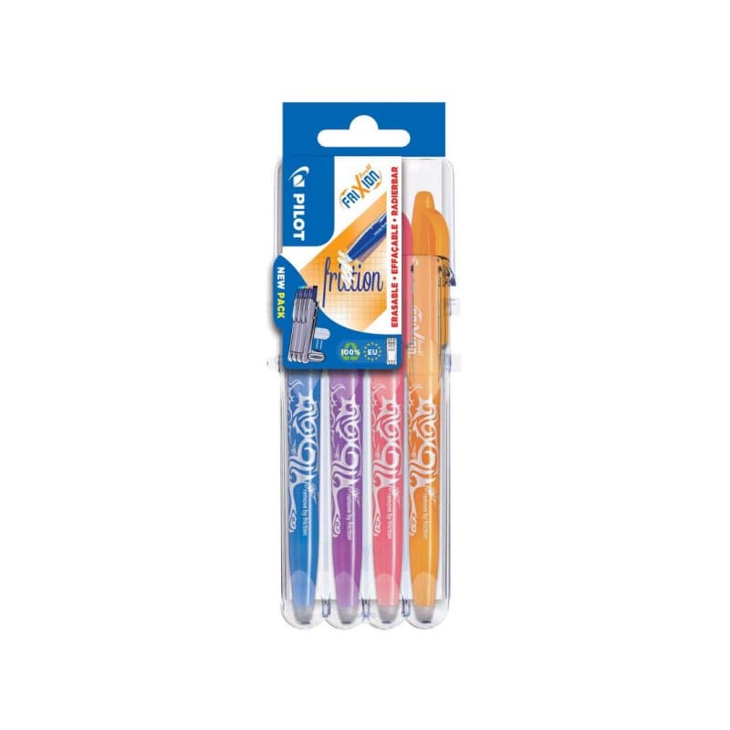 Pilot - 1 Etui Chevalet de 4 rollers FriXion Ball Fun Pointe Moyenne 0.7 mm. Assortis Turquoise, Violet, Rose et Orange