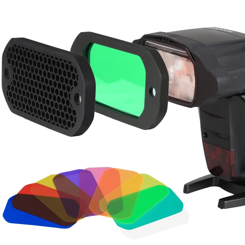 AODELAN Lot de filtres en gel Flash - Grille nid d'abeille universelle avec 8 filtres d'éclairage Speedlite de couleur pour appa