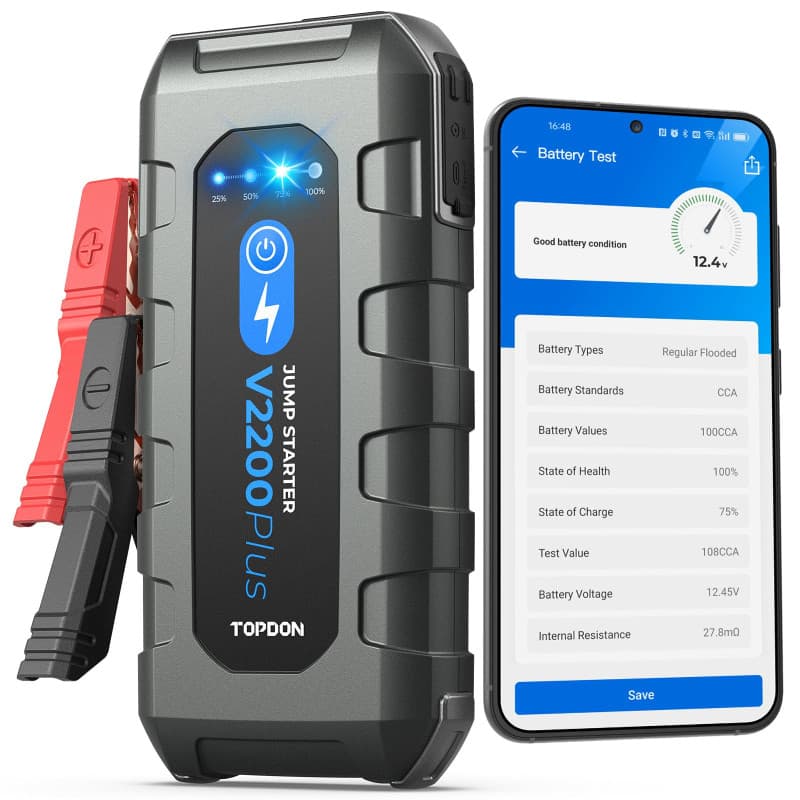 TOPDON V2200 Plus Booster Batterie Voiture 2200A et 12V Testeur de Batterie 2-en-1, Démarreur de Voiture Jump Starter pour Moteu