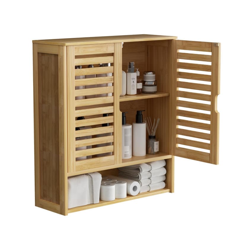 unho Meuble Salle de Bain Mural: Armoire Toilette Suspendu en Bambou Naturel Placard WC 2 Portes Rangement Cuisine Murale avec É