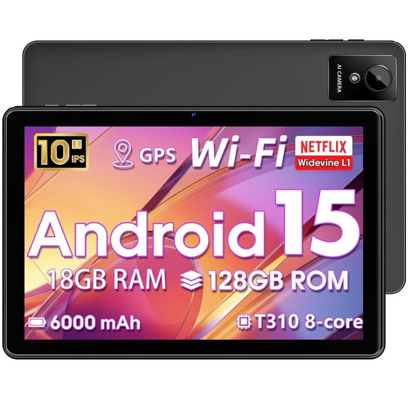 Hasskya Tablette 10 Pouces Android 15, 18 Go RAM + 128 Go ROM (Extensible Jusqu'à 1 to), Tablette Tactile avec Widevine L1, T310