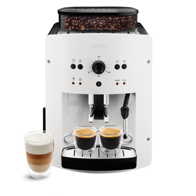 KRUPS Machine à café broyeur grain, 2 expresso simultanés, Nettoyage automatique, Buse vapeur Cappuccino, Essential blanche EA81