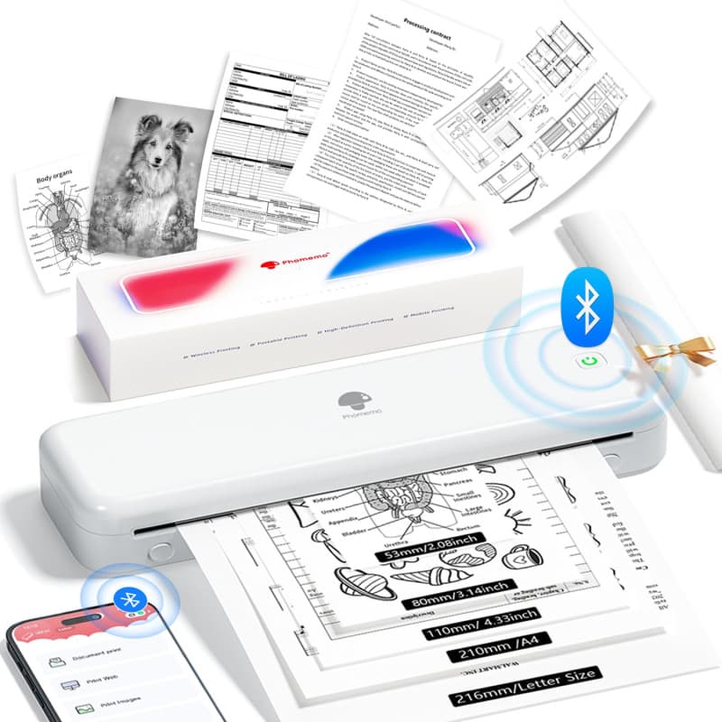 Phomemo M834 Imprimante Thermique A4, Imprimante Portable sans Encre, Connexion Smartphone Via Bluetooth, Supporte Le Papier The
