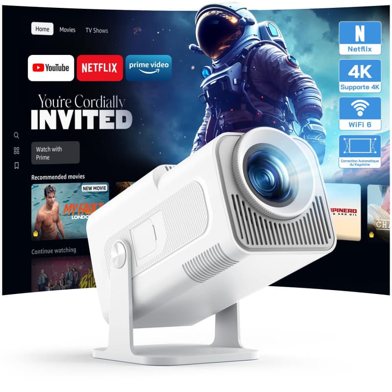 WOLFANG 4K Videoprojecteur【Application Intégrée/Netflix Officiel】, 26000 Lumen Retroprojecteur avec WiFi 6, Zoom 50%, 180° Rotat