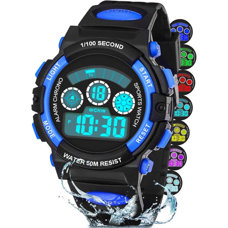 DTKID Digitale Montre Enfant garçon Fille, 7 Couleurs de LED, Montre pour Enfants avec Alarme, Chronomètre, Date, 5ATM Waterproo
