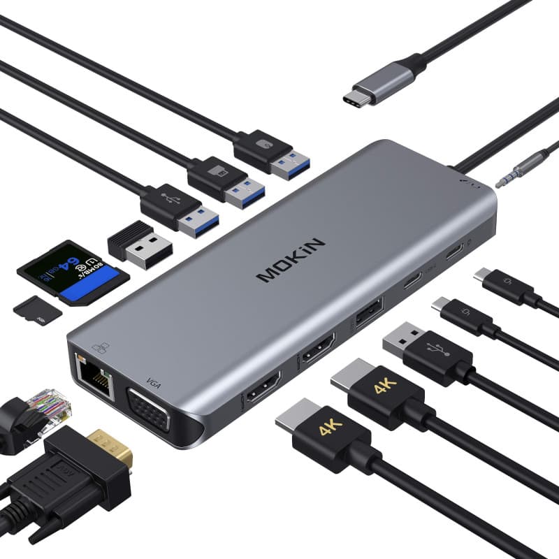 MOKiN Station d'accueil USB C, 14 en 1 à Triple Affichage, hub USB C Double Moniteur vers Double HDMI, VGA, Gigabit Ethernet, 5