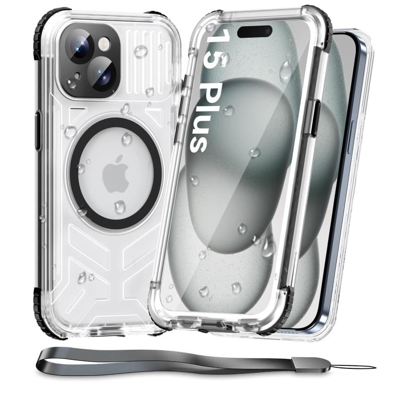 WIFORT Coque Étanche pour iPhone 15 Plus Translucide Compatible avec MagSafe, Coque Intégrale 360 Antichoc