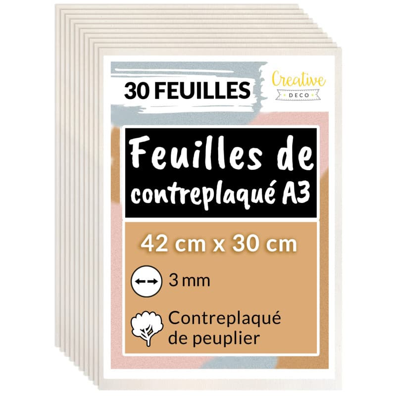 Creative Deco 30 x A3 Contreplaqué 3mm | 420 x 300 x 3mm (+/- 2mm) | Planche Bois Brut Peuplier | Panneau Feuille Découpe Laser