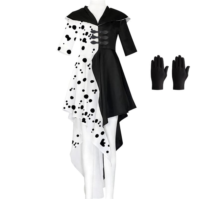 KUJAIS Deguisement Cruella d enfer Femme, Deguisement Halloween Femme, Costume Cruella Deville 101 Dalmatiens Robe à Pois pour H