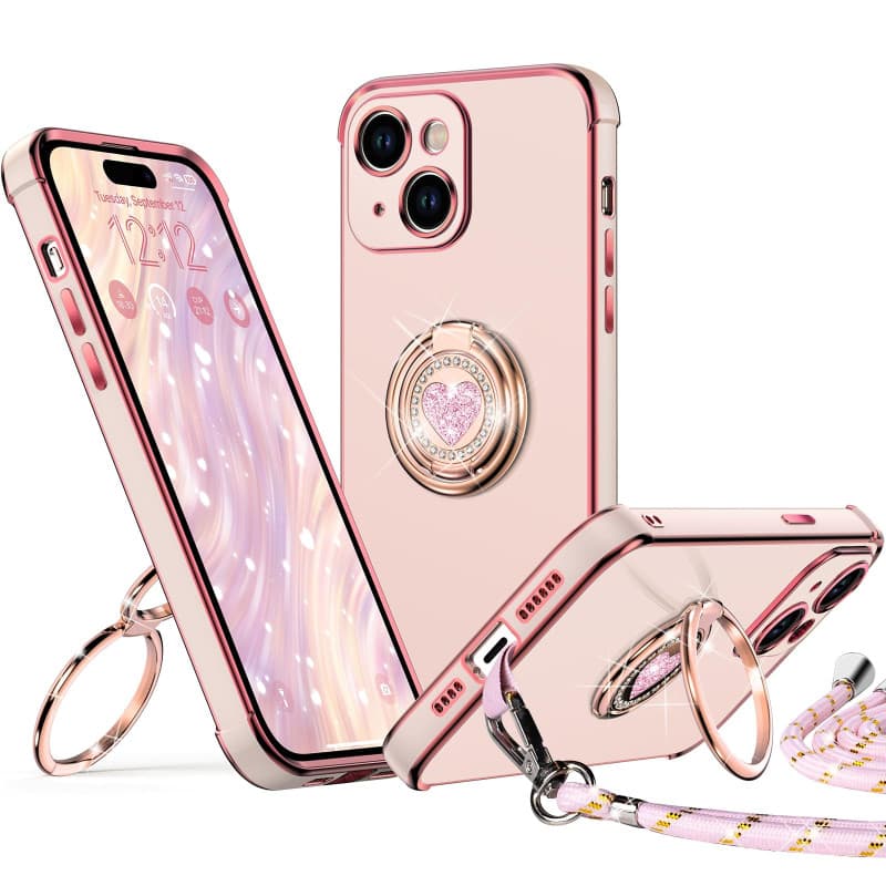 XYZ Coque pour iPhone 15 Plus, avec Double Anneau de Support Cœur, avec Lanière pour Filles et Femmes, Coque de Protection de Lu