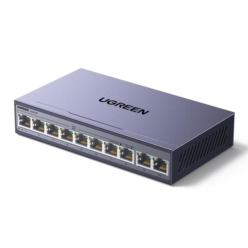 UGREEN Switch Ethernet PoE 10 Ports Gigabit Switch RJ45 8 Ports PoE+ 60W Multiprise RJ45 Boitier Métal 6KV Protection Contre la