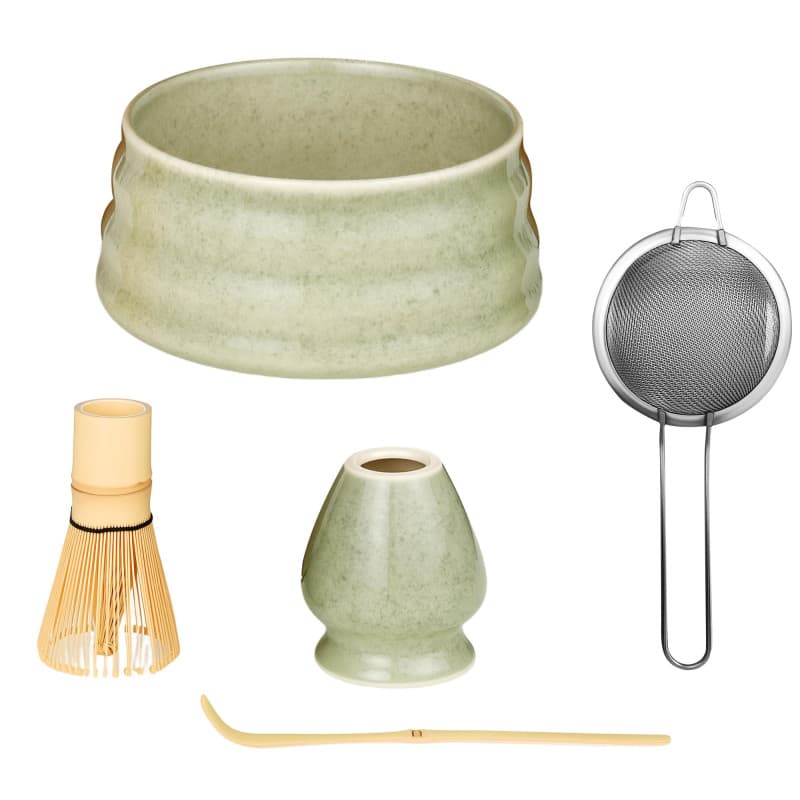 BUCOMTU Kit matcha 5 pièces, bol à matcha, fouet à thé Baibenli, support à fouet à thé, filtre, cuillère à thé, ensemble matcha