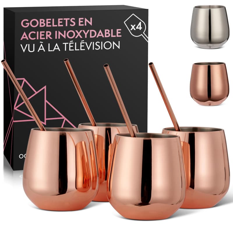Oak & Steel - 4 Verres à Vin en Acier Inoxydable Rose Gold sans Pied, 4 Pailles en Métal & Brosse de Nettoyage, 350 ml - Double