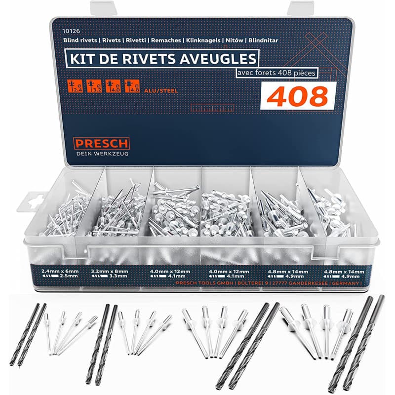 Presch Kit de rivets aveugles 408 pièces avec forets HSS - Lot de 400 rivets alu/acier 2,4mm, 3,2mm, 4,0mm et 4,8mm et 8 forets