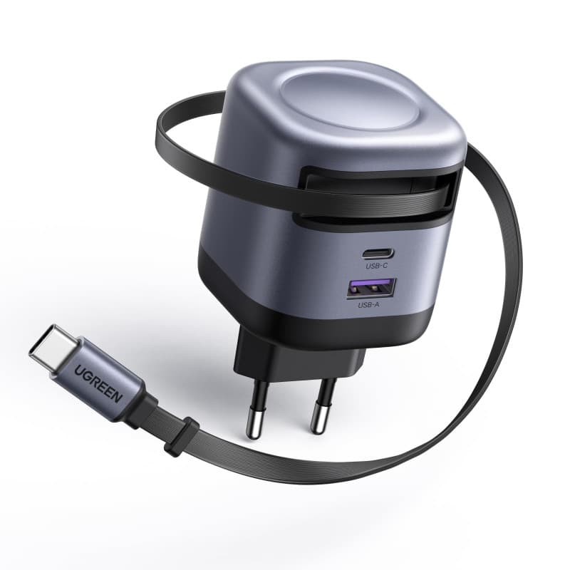 UGREEN Nexode 45W Chargeur USB C Rapide iPhone GaN 2 Ports Câble Rétractable Prise Secteur Compatible avec iPhone 17 Pro Max Air