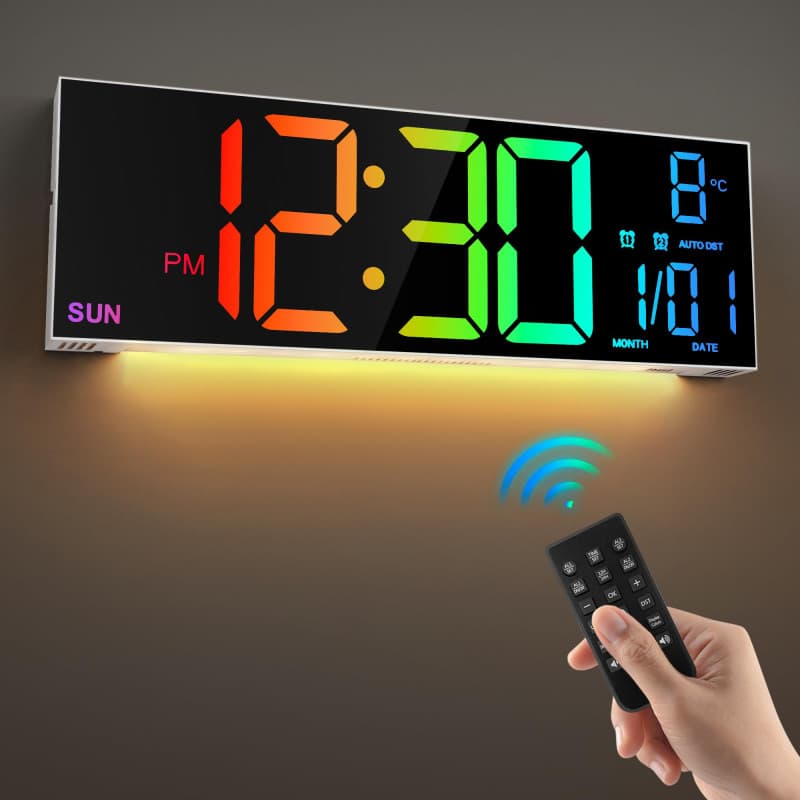 HAITANG Grande Horloge Murale numérique de 16" pour Salon, télécommande, Double Alarme, 8 Couleurs RVB, Grand écran LED, luminos