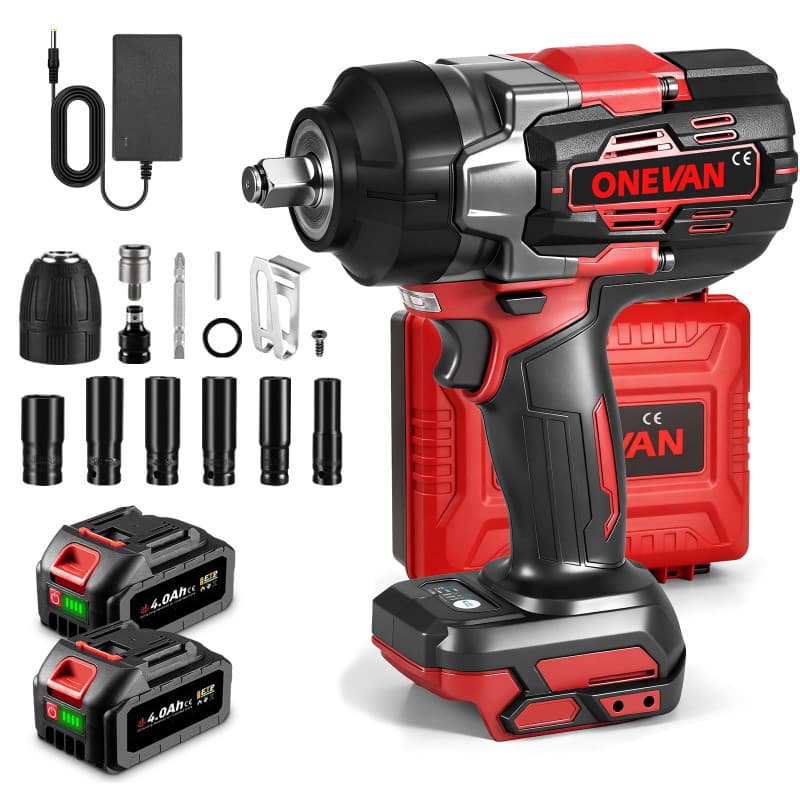 ONEVAN cle a choc sans fil 1700 N.m, 1/2" clé à choc sur batterie avec 2 batteries 4,0 Ah et 6 clés à douille (14/17/18/19/21/22