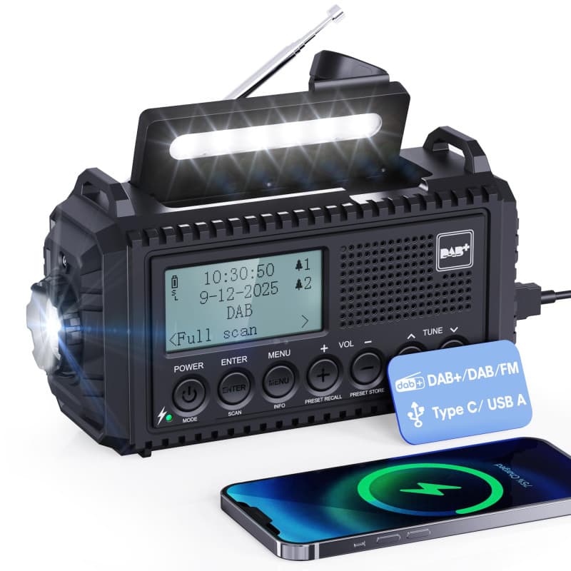 Radio Dab/FM Portable, Solaire Dynamo 5000mAh, Manivelle Solaire, Survie Dab de Solaire Chargeur USB avec Alarme SOS d'urgence,