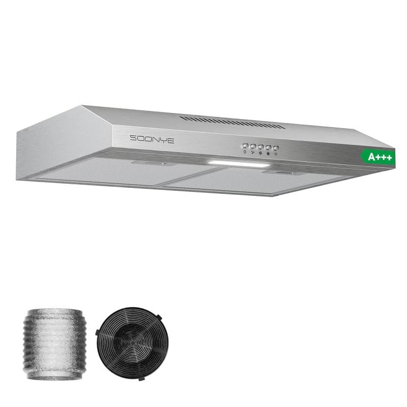 Soonye Hotte Aspirante 60cm Classe A+++, Hotte Cuisine,220 m³/h,Moteur sans balais,Évacuation ou Recyclage,Filtre au Charbon Inc