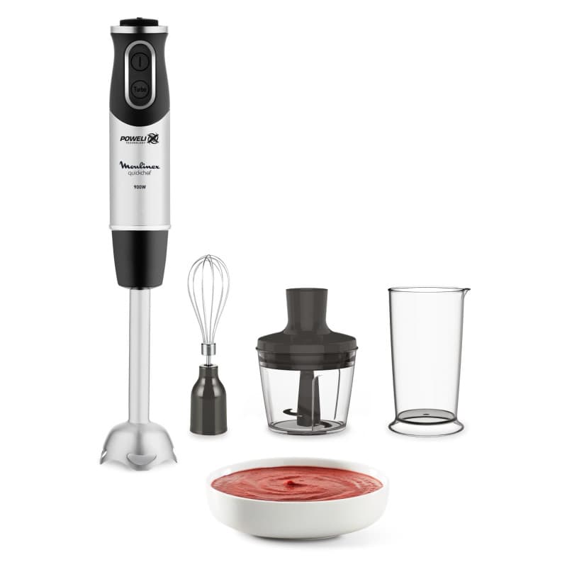 Moulinex Pied mixeur, 4 lames Powelix, 10 vitesses, appareil 3-en-1, hachoir et fouet, 1 000 W, Quickchef, DD655811