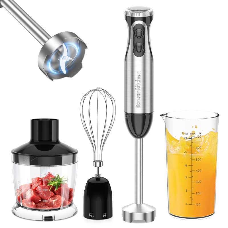 Bonsenkitchen Mixeur Plongeant, 4-en-1 Mixeur Plongeur Multifonction 1000W, 20 Vitesse Réglable, avec Fouet, Hachoir de 500ml et