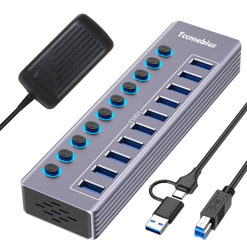 Tccmebius Hub USB Alimenté à 10 Ports Aluminium USB 3.0 Data Hub avec Interrupteur Séparé LED, Adaptateur d'alimentation 12V/3A,