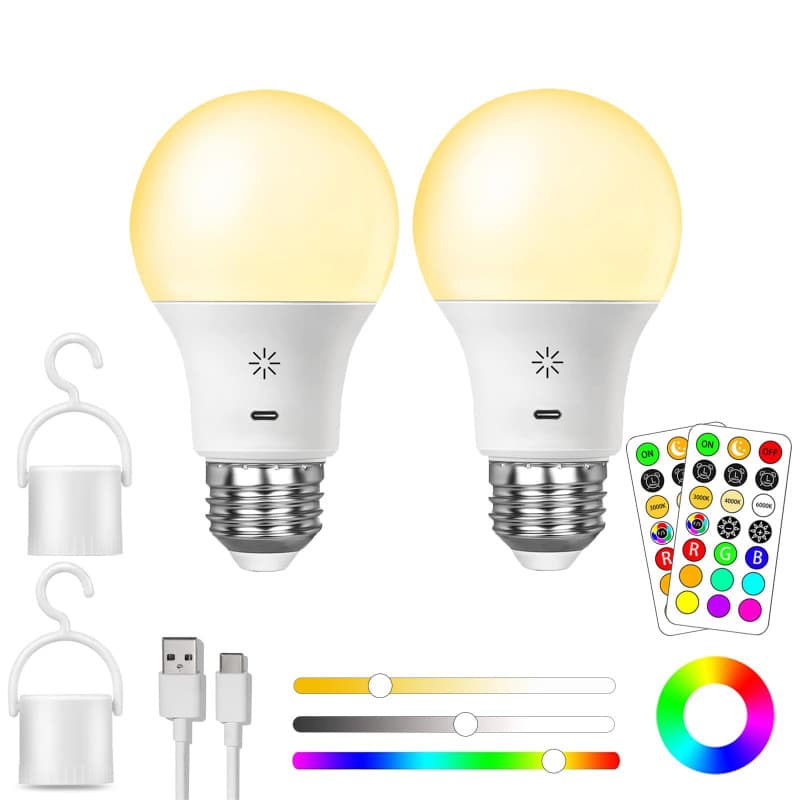 USB C Batterie Ampoule Rechargeable Avec Télécommande, E27 Ampoule Intelligente RGB, 9+3 Températures de Couleur, LED Dimmable T