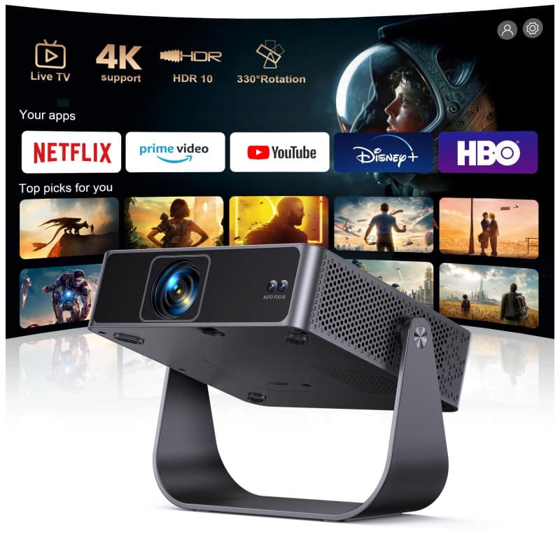 Mini Vidéoprojecteur 4K【APPS Officielles/Live TV/Rotation 330°】 Auto Focus/Keystone Projecteur Vidéo Portable 1080P, HDR10, Cour