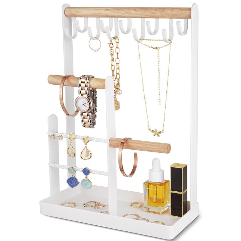 ProCase Porte Bijoux Présentoir à Bijoux en Metal et Bois Durable avec Plateau et Crochets, Organisateur de Bijoux -Blanc