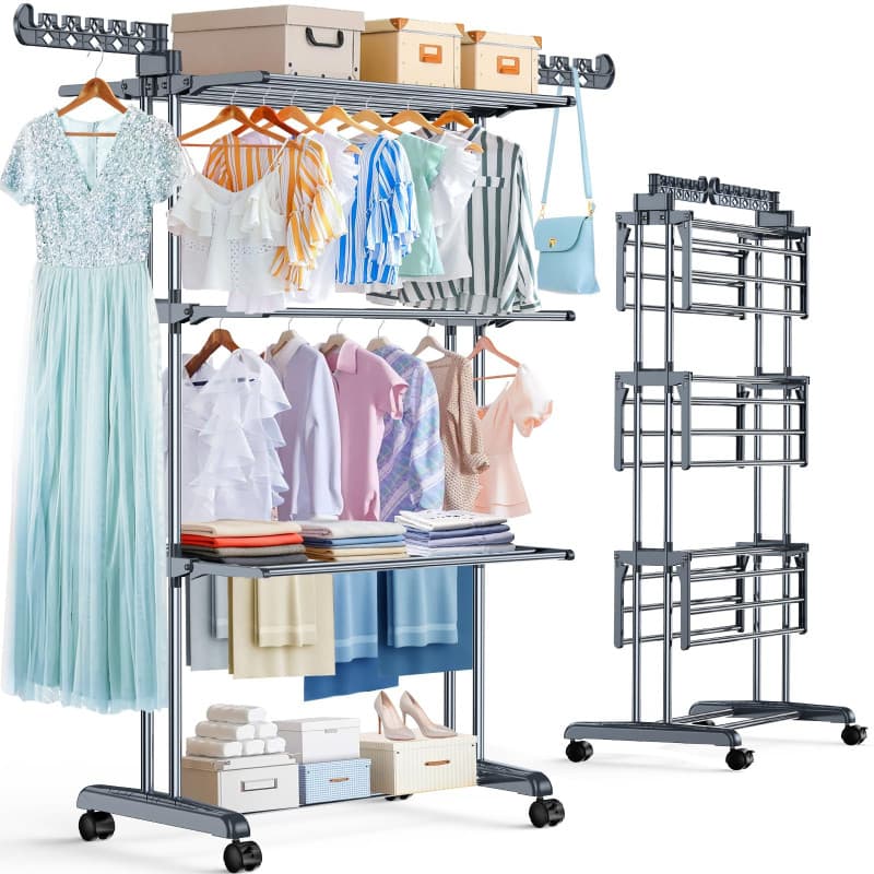PurKeep Étendoir à Linge 4 Niveaux - Séchoir à Linge Pliable avec roulettes, Étendoir Linge Intérieur/Extérieur en Acier Inoxyda