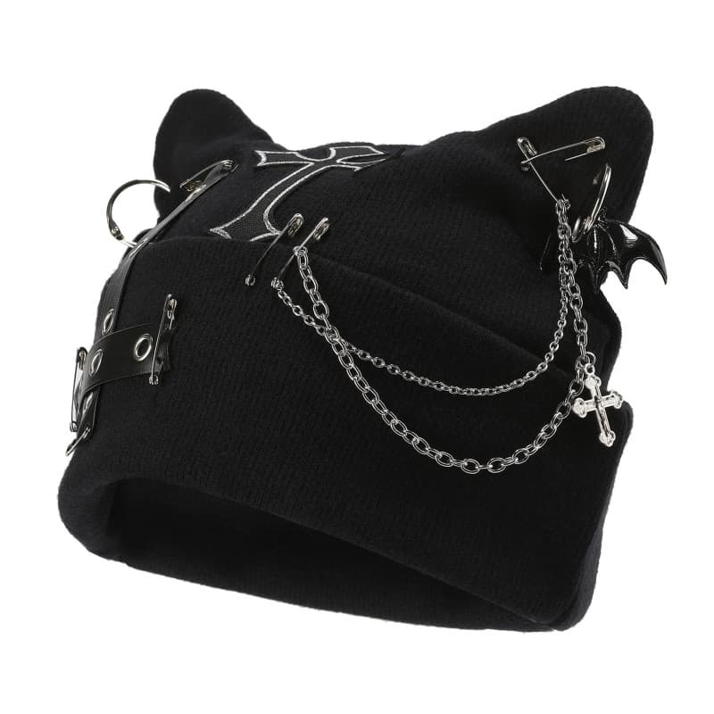 Calkkrer Bonnet en Tricot Noir avec Oreilles de Chat Style Goth, Beanie Grunge pour Femmes Look Y2K, Accessoire Streetwear pour