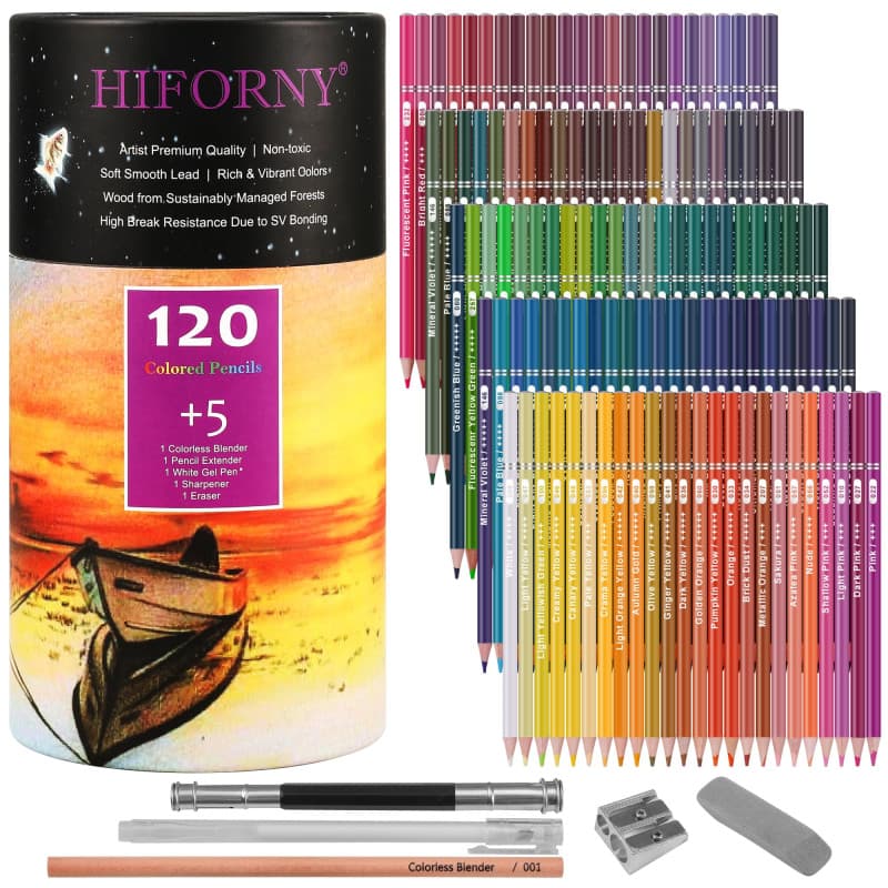 HIFORNY Lot de 125 crayons de couleur pour adultes - 120 crayons de couleur avec extras - Noyau souple - Fournitures d'art pour