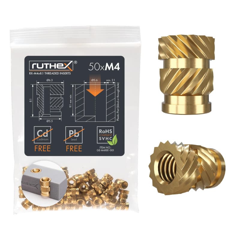 ruthex M4 insert fileté | 50 pièces RX-M4x8.1 douilles filetées en laiton | Écrou stable pour pièces en plastique | Utilisable d