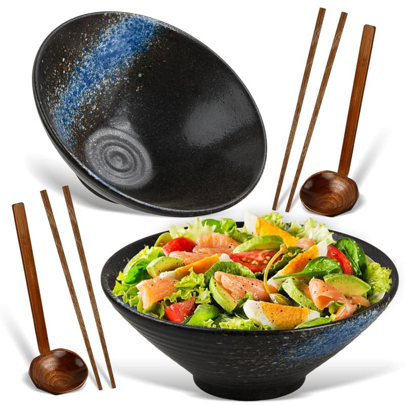Ecofocet 2 Ensemble De Bols Ramen En Céramique Avec Baguettes Et Cuillère, 2×1000ml Bol à Soupe Ramen Japonais en Porcelaine, Gr