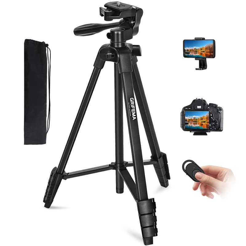 GRIFEMA Trepied Smartphone Pied Appareil Photo Pliable, 55”/140cm Alluminio Trepied Telephone avec Télécommande bluetooth et Sup