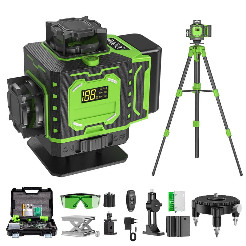 Niveau Laser Chantier Autonivelant 360° x 4 Avec trépied, Lazer Niveaux 4D 16 Lignes Laser, Mode Impulsion ExtéRieur, 2 x Batter