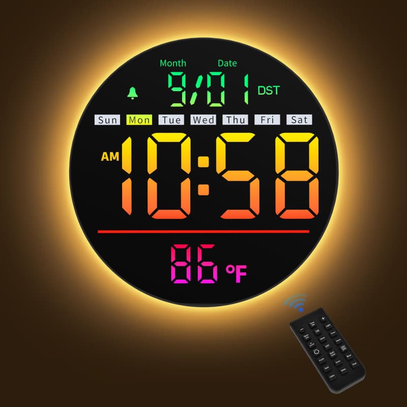 Maxstar Horloge Murale Numérique 8" avec Veilleuse, Alarme, 11 Couleurs RGB, 5 Niveaux de Luminosité, Température, Secondes, Dat