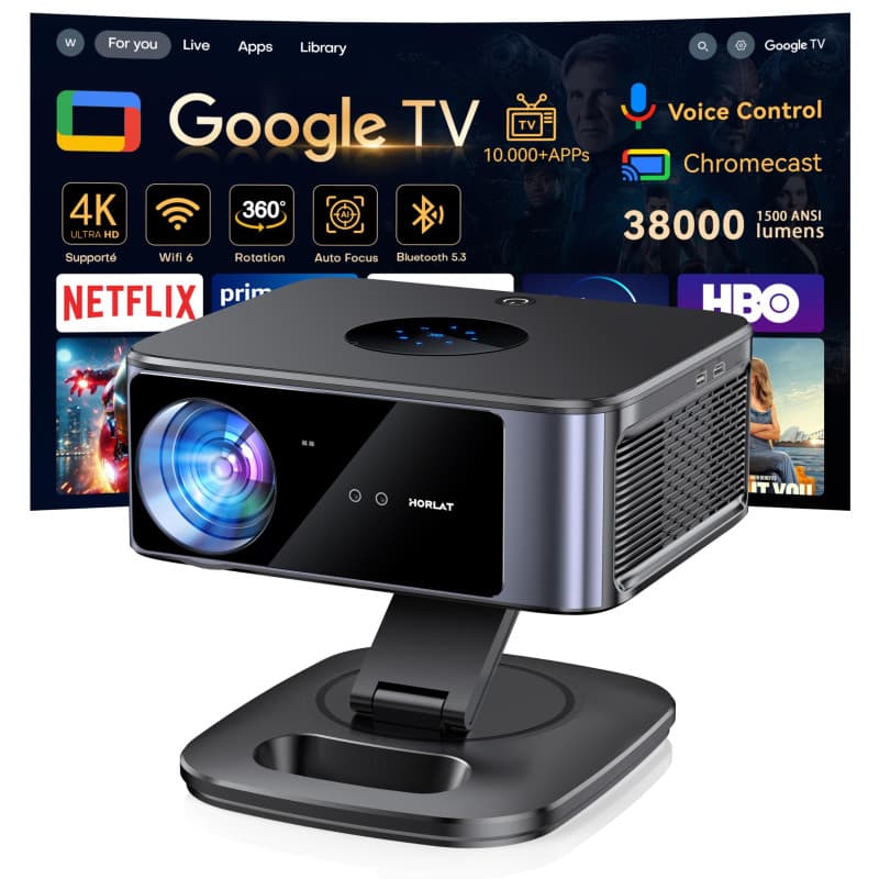 Vidéoprojecteur 4K Supporté 1500 ANSI 38000 Lumen avec Google TV Officiel, Netflix Youtube, Auto Focus, WiFi 6 Bluetooth 5.3, Co
