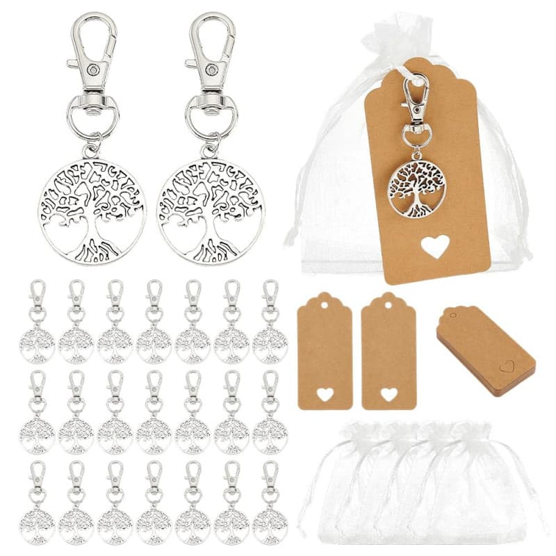 PH PandaHall 24 Sets Porte-clés Arbre de Vie Cadeaux de Fête Sacs Cadeaux en Organza Cadeau de Mariage Porte Clés Arbre Argenté
