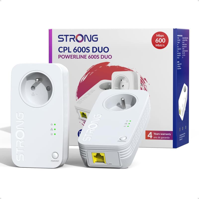 STRONG CPL AV600 Mbps, Prise Intégrée, Box CPL HomePlug AV2, Plug & Play, Compatible avec Toutes Les Box, Port Ethernet 100 Mbps