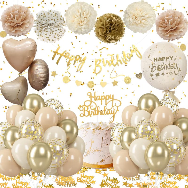 Decoration Anniversaire Fille Femme, Ballons Anniversaire Beige Or avec Banderole Happy Birthday, Ballons en Aluminium Coeur, Po