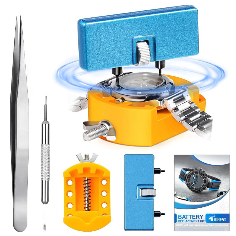JOREST Kit Changement Pile Montre, Ouvre Boitier Montre Utilisé pour Ouvrir le couvercle en Tournant, Support, Brucelles, Manuel