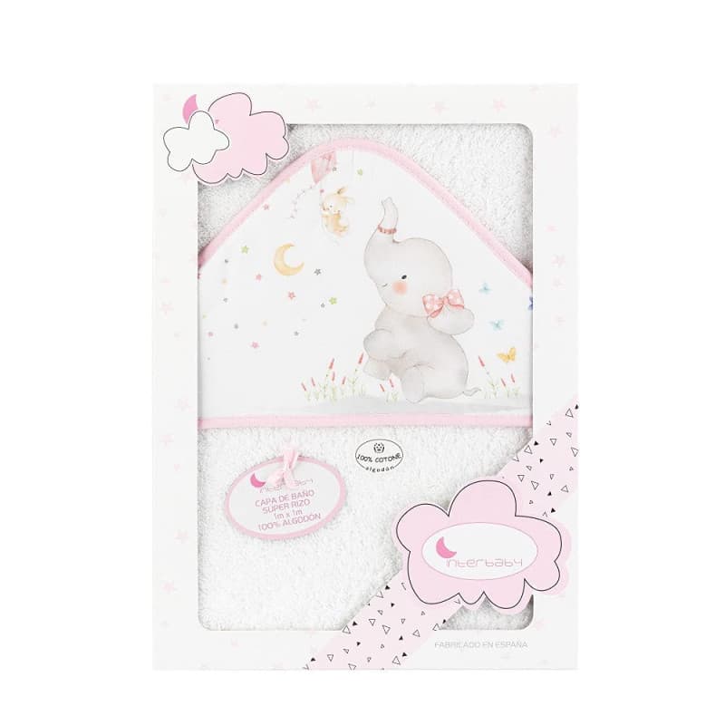 Cape de Bain Douce pour Bébé avec Capuche Éléphant - Blanc/Rose