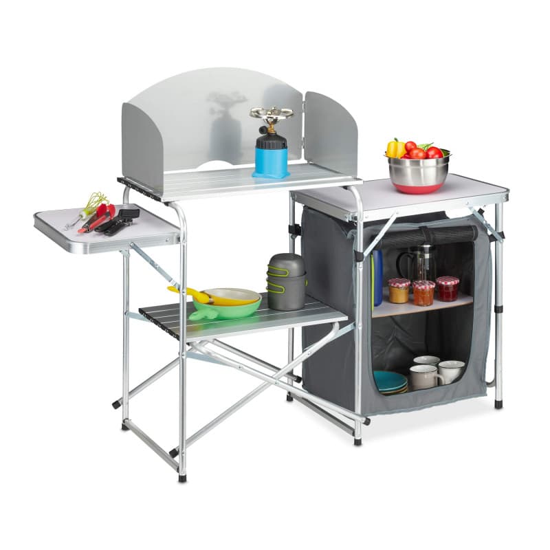 Cuisine de Camping Portable avec Protection Vent, Sac et Armoire - relaxdays