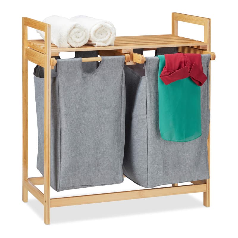 Panier à Linge en Bambou avec 2 Compartiments - 60L de Capacité